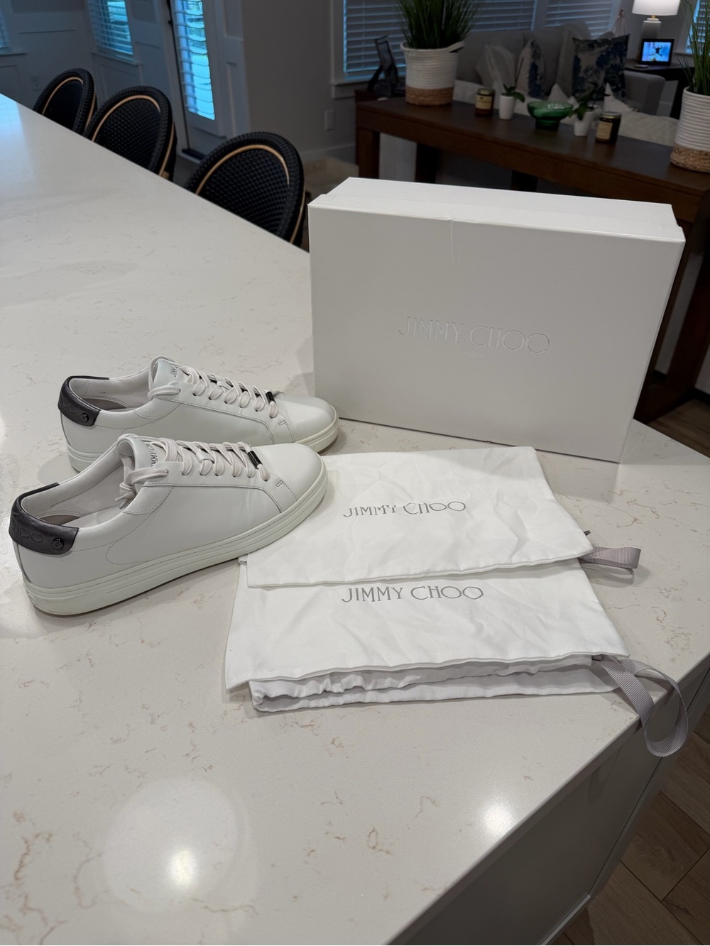 Jimmy Choo White Leather Low-Top Sneakers with Gray Heel Tab